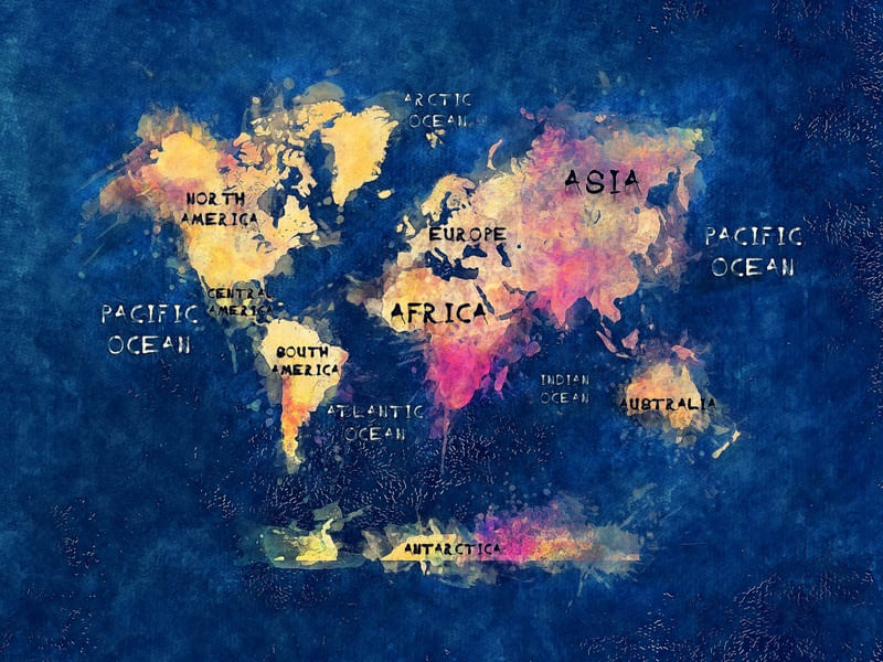 WORLD MAP BLUE WITH TEXT