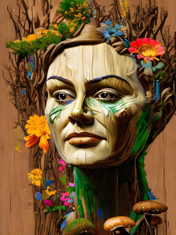 MULHER ESCUPIDA NA MADEIRA COM FLORES E COGUMELOS BY AI POR CRYPTOART