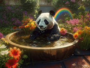 URSO PANDA EM UMA BANHEIRA NO JARDIM BY IA