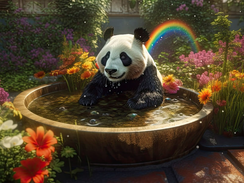 URSO PANDA EM UMA BANHEIRA NO JARDIM BY IA