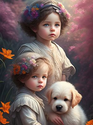 TWO CHILDREN AND THEIR DOG BY IA