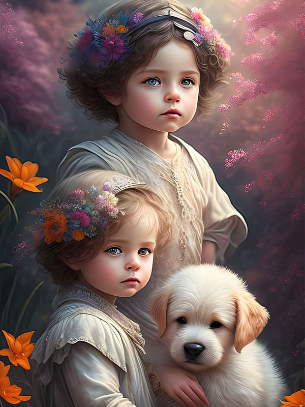 TWO CHILDREN AND THEIR DOG BY IA