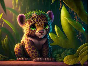 UM FILHOTE DE ONÇA-PINTADA COM SEU COLAR DE FOLHAS NA FLORESTA BY AI