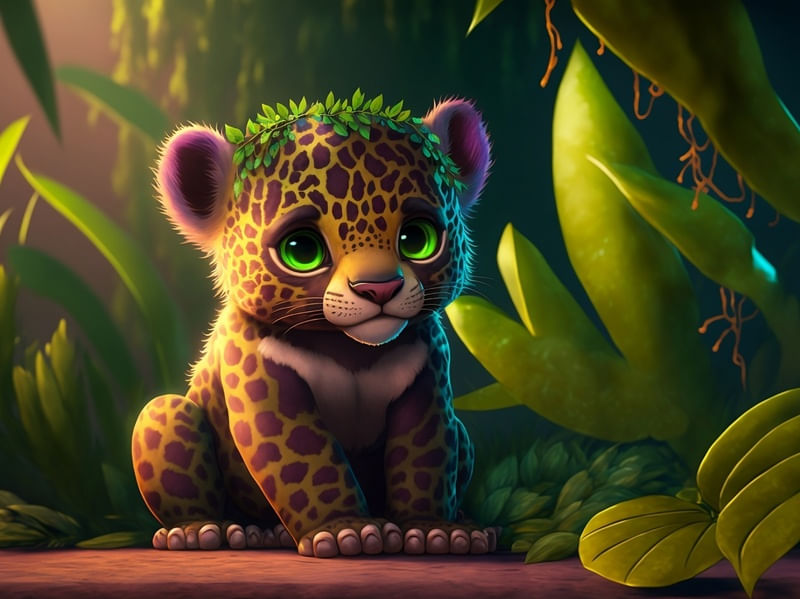 UM FILHOTE DE ONÇA-PINTADA COM SEU COLAR DE FOLHAS NA FLORESTA BY AI