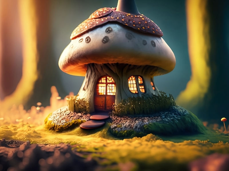 CASA DE COGUMELOS NA FLORESTA COM PÔR-DO-SOL BY AI