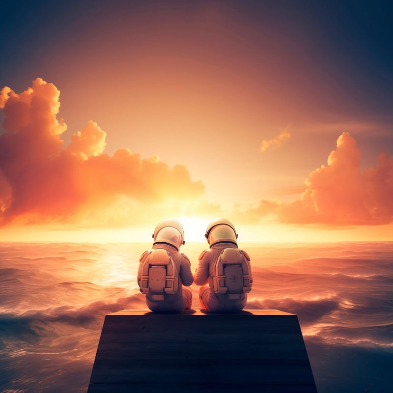 CASAL DE ASTRONAUTAS CONTEMPLANDO O PÔR DO SOL BY AI