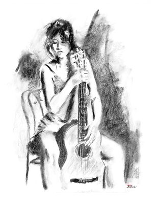 DESENHO SKETCH CARVÃO PRETO E BRANCO BW3 VIOLONISTA