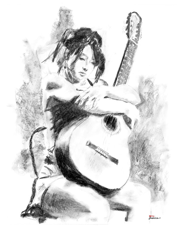 DESENHO SKETCH CARVÃO PRETO E BRANCO BW6 VIOLÃO