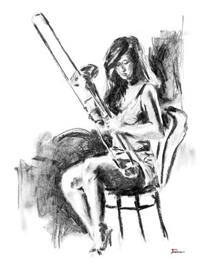 DESENHO SKETCH CARVÃO PRETO E BRANCO BW9 TROMBONE