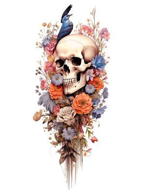 SKULL FLOWERS AND BLUE BIRD BY AI