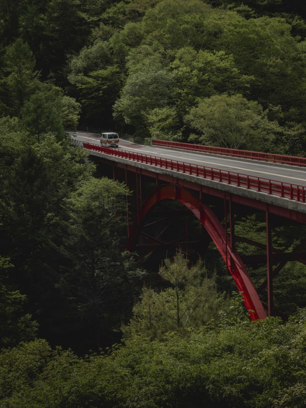 CARRO VINTAGE EM PONTE NA FLORESTA DE KIYOSATO - JAPÃO