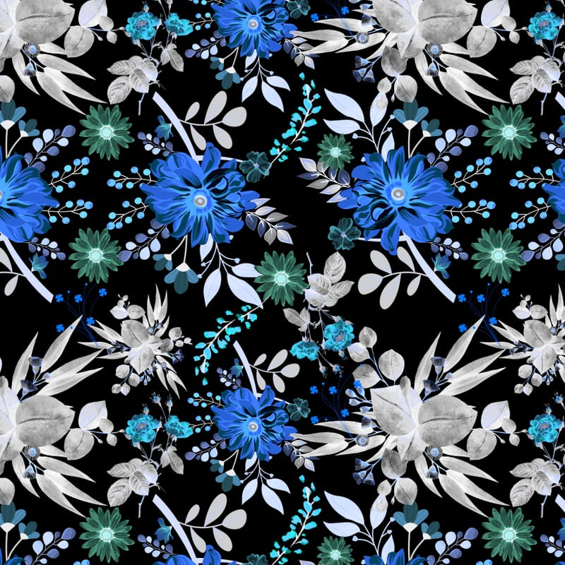 LOVELY GARDEN AT NIGHT - ESTAMPA FLORAL AZUL E BRANCO SQUARED VERSION