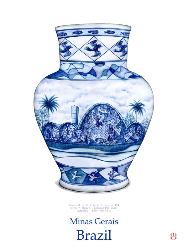 VASO CHINÊS EM AQUARELA IGREJA DA PAMPULHA OSCAR NIEMEYER CANDIDO PORTINARI