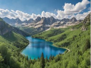 A MOUNTAINOUS LANDSCAPE WITH A BLUE LAKE BY AI