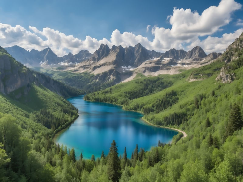 A MOUNTAINOUS LANDSCAPE WITH A BLUE LAKE BY AI
