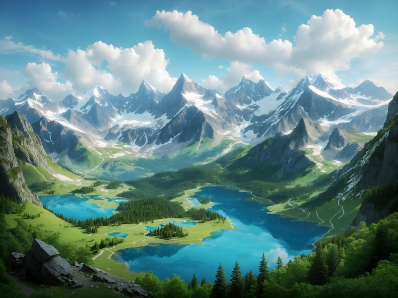 A MOUNTAINOUS BLUE LAKE BY AI