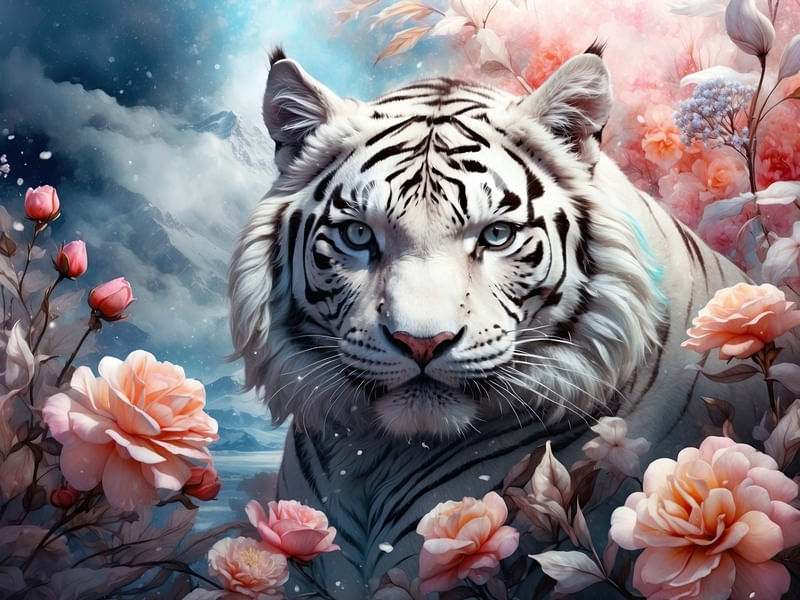 TIGRE BRANCO ENTRE FLORES BY AI