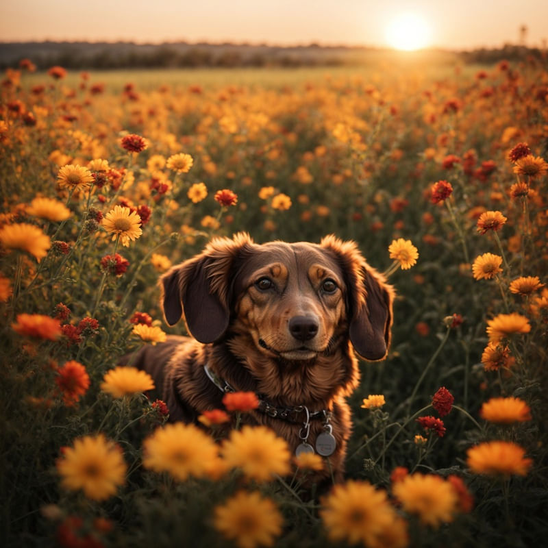DACHSHUND EM UM CAMPO DE FLORES BY AI