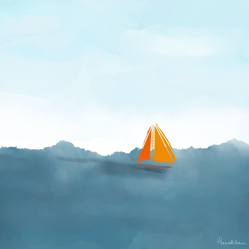 BARCO LARANJA NO MEIO DO OCEANO