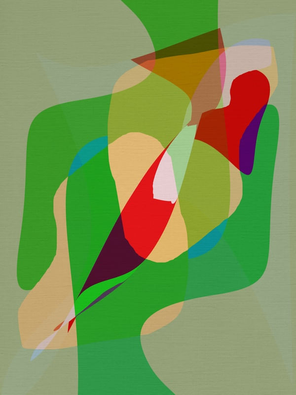 COLOR FIELD - BIRD IN NATURE GREEN AND RED ORGANIC ABSTRACT