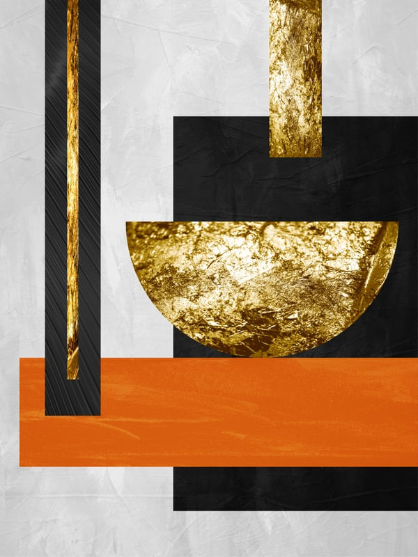 QUADRO DECORATIVO COLORIDO PRETO DOURADO LARANJA - ABSTRATO GEOMÉTRICO GOLD - 26A