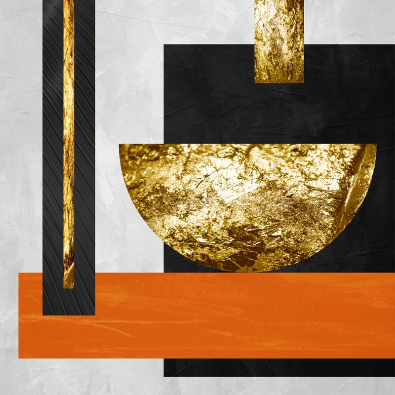 QUADRO DECORATIVO COLORIDO QUADRADO PRETO DOURADO LARANJA-ABSTRATO GEOMÉTRICO GOLD-26A-Q