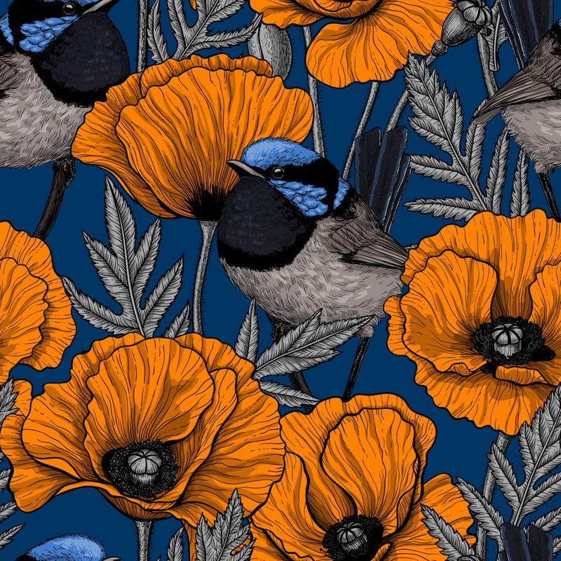 KIRILOVA - FAIRY WRENS AND ORANGE POPPIES