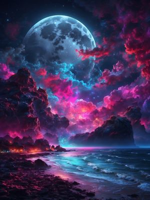 SEAS LIT BY NEON NIGHT BY AI