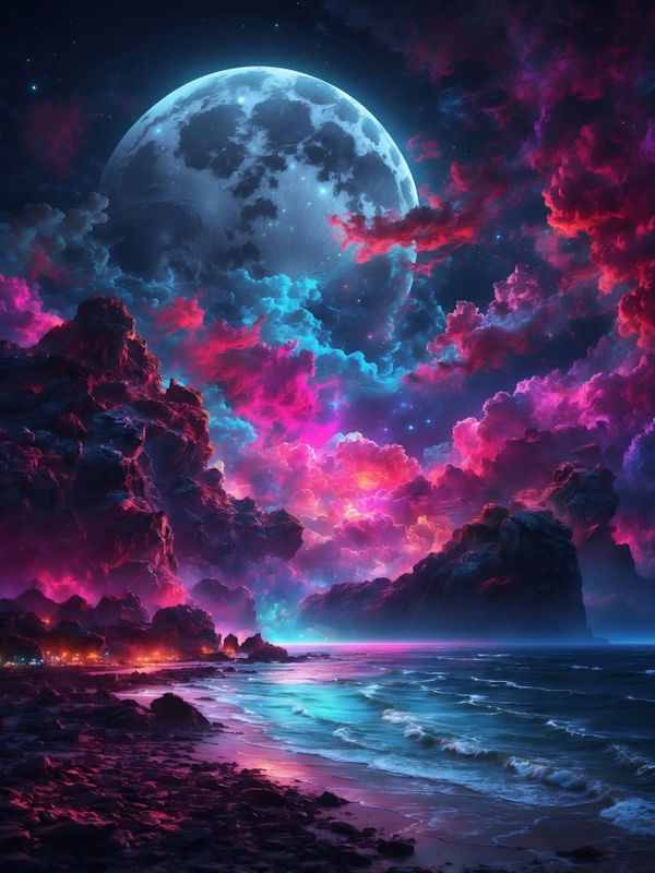 SEAS LIT BY NEON NIGHT BY AI