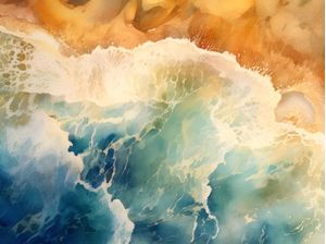 WATERCOLOR PAINTING OF THE OCEAN AND A GOLDEN BEACH 1 - BY AI