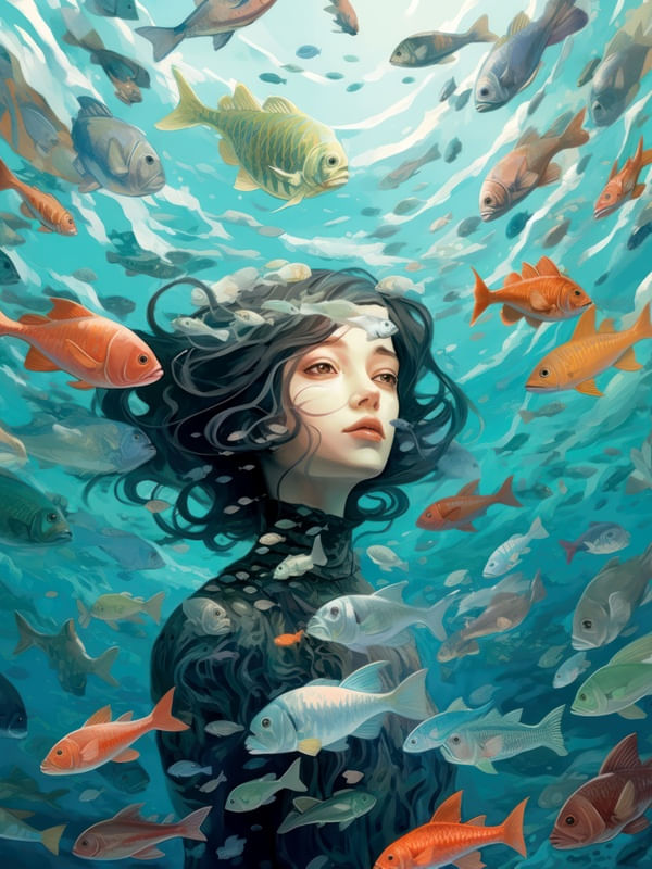 SURREAL WOMAN IN A DREAMLIKE UNDERWATER WORLD - 1 - BY AI