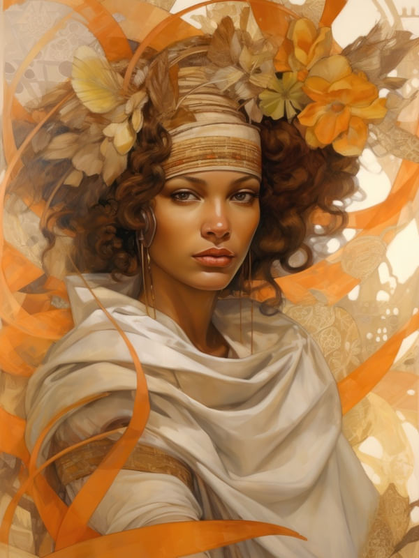 AFRO CARIBBEAN WOMAN WITH HEAD SCARF MADE OF FEATHERS - 1 - BY AI
