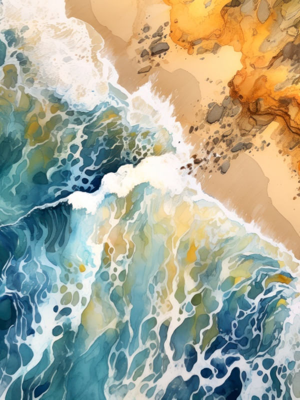 WATERCOLOR PAINTING OF THE OCEAN AND A GOLDEN BEACH 5 - BY AI
