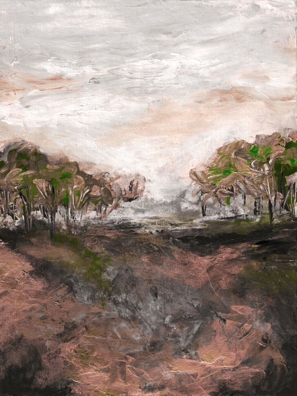 AUTUMN FOREST 1 BLUSH BEGE VERDE ARVORES FLORESTA PAISAGEM PINTURA