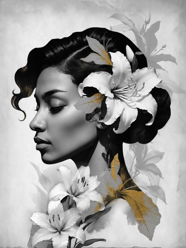 MULHER FLOR LÍRIO 5 PRETO E BRANCO - BY AI