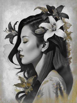 MULHER FLOR LÍRIO 8 PRETO E BRANCO - BY AI