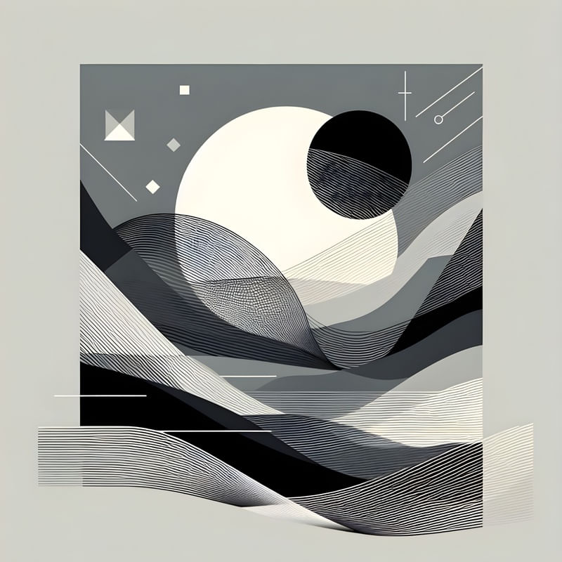 ABSTRACT GEOMETRIC LANDSCAPE IN BLACK AND WHITE BY AI