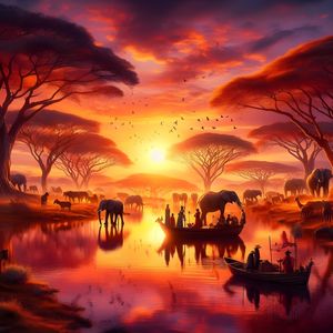 BEAUTIFUL SCENE OF SAVANNAHS LIFE AT SUNSET TWO BY AI