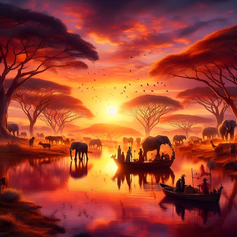BEAUTIFUL SCENE OF SAVANNAHS LIFE AT SUNSET TWO BY AI