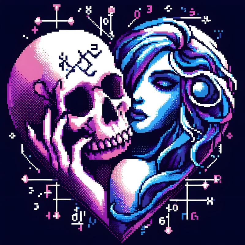 A MULHER E A CAVEIRA EM TONS DE AZUL E ROXO TWO BY AI