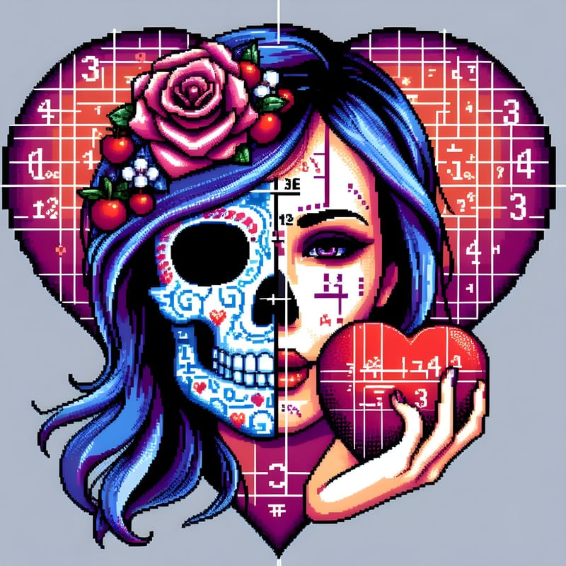 A MULHER E A CAVEIRA EM TONS DE AZUL E ROXO BY AI