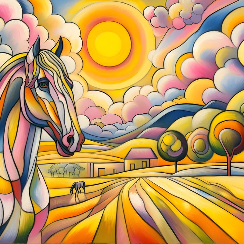 CAVALO AO PÔR DO SOL ESTILO DADAÍSMO FASHION FIGURATIVO EM TONS DE AMARELO E ROSA BY AI