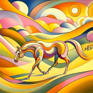 CAVALO ESTILO DADAÍSMO FASHION FIGURATIVO EM TONS DE AMARELO E ROSA BY AI