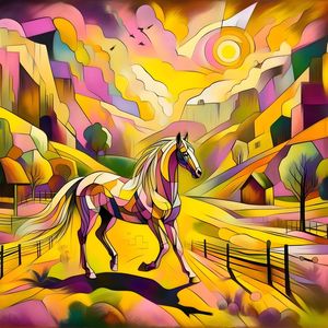 CAVALO NO CAMPO ESTILO DADAÍSMO FASHION FIGURATIVO EM TONS DE AMARELO E ROSA BY AI