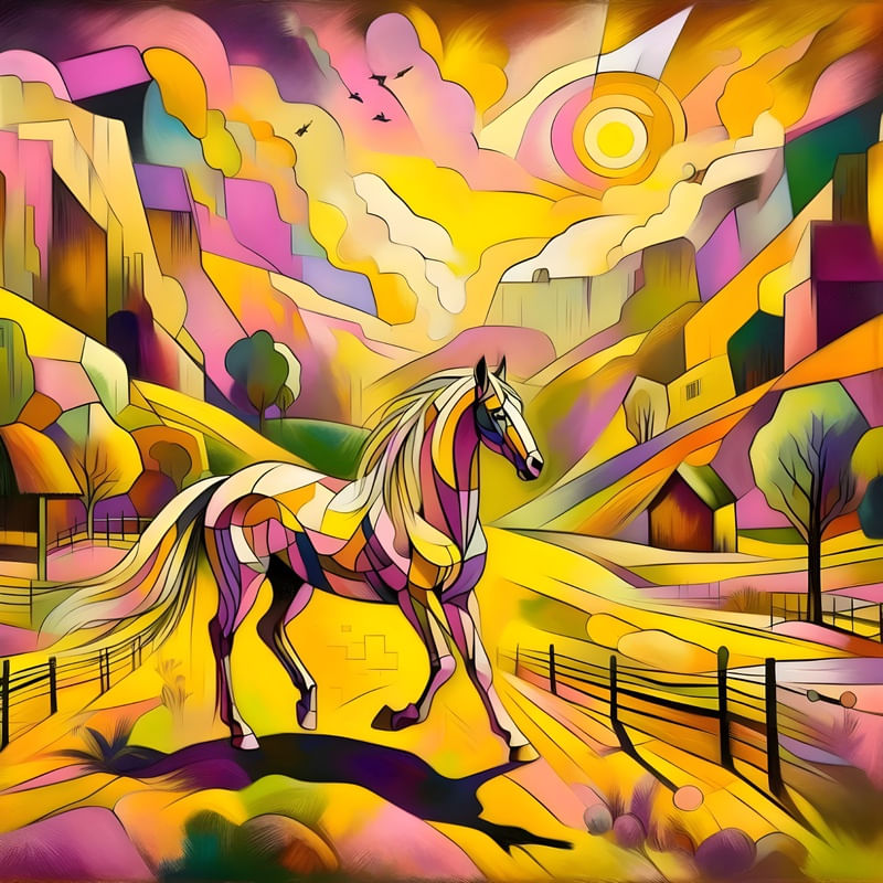 CAVALO NO CAMPO ESTILO DADAÍSMO FASHION FIGURATIVO EM TONS DE AMARELO E ROSA BY AI