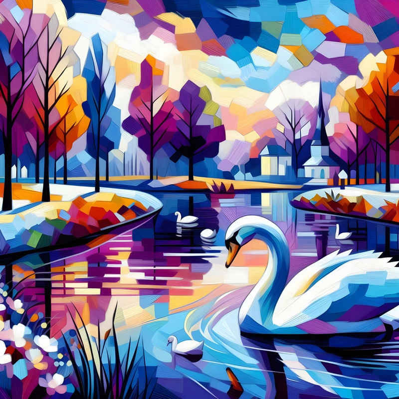 CISNE NO LAGO ESTILO EXPRESSIONISMO FIGURATIVO GEOMÉTRICO EM TONS DE ROXO E ROSA BY AI