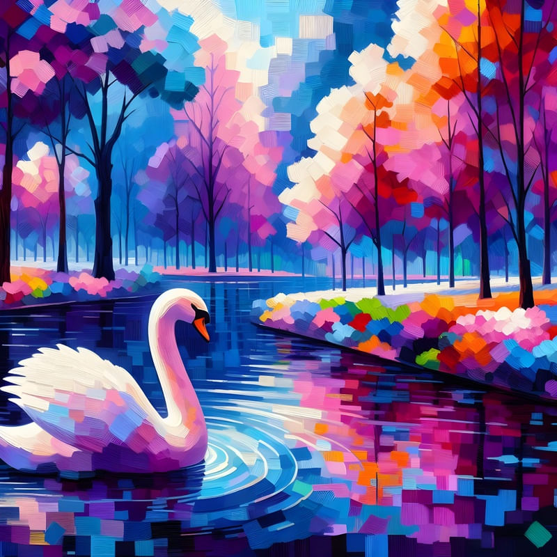 CISNE NO PARQUE ESTILO EXPRESSIONISMO FIGURATIVO GEOMÉTRICO EM TONS DE ROXO E ROSA BY AI