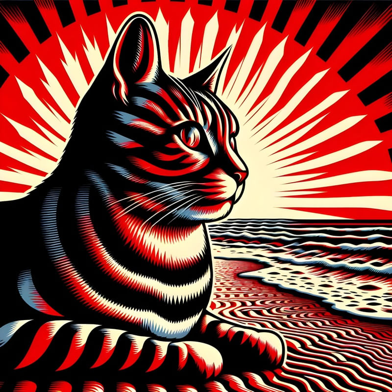 GATO AO PÔR DO SOL NA PRAIA ESTILO OPTICAL ART BY AI
