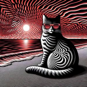 GATO ESTILOSO NA PRAIA ESTILO OPTICAL ART TEATRO VETORES BY AI