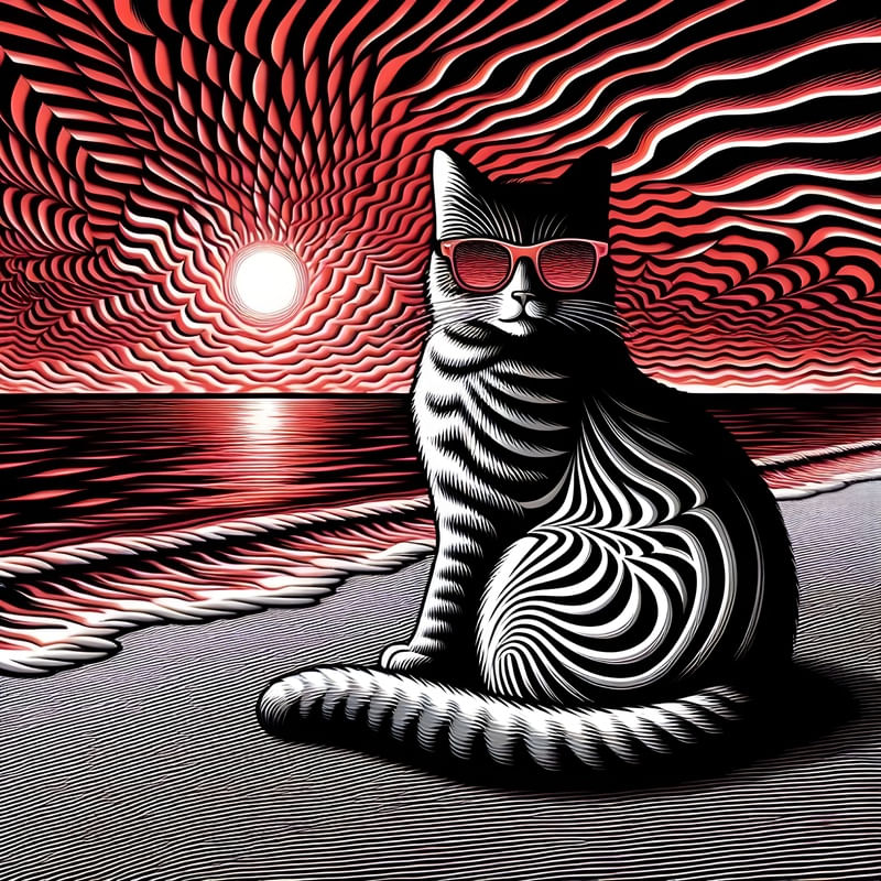 GATO ESTILOSO NA PRAIA ESTILO OPTICAL ART TEATRO VETORES BY AI